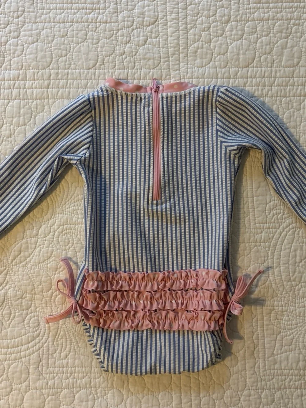 Ruffle Butts Blue and White Striped Long-Sleeve One-Piece with Pink Trim